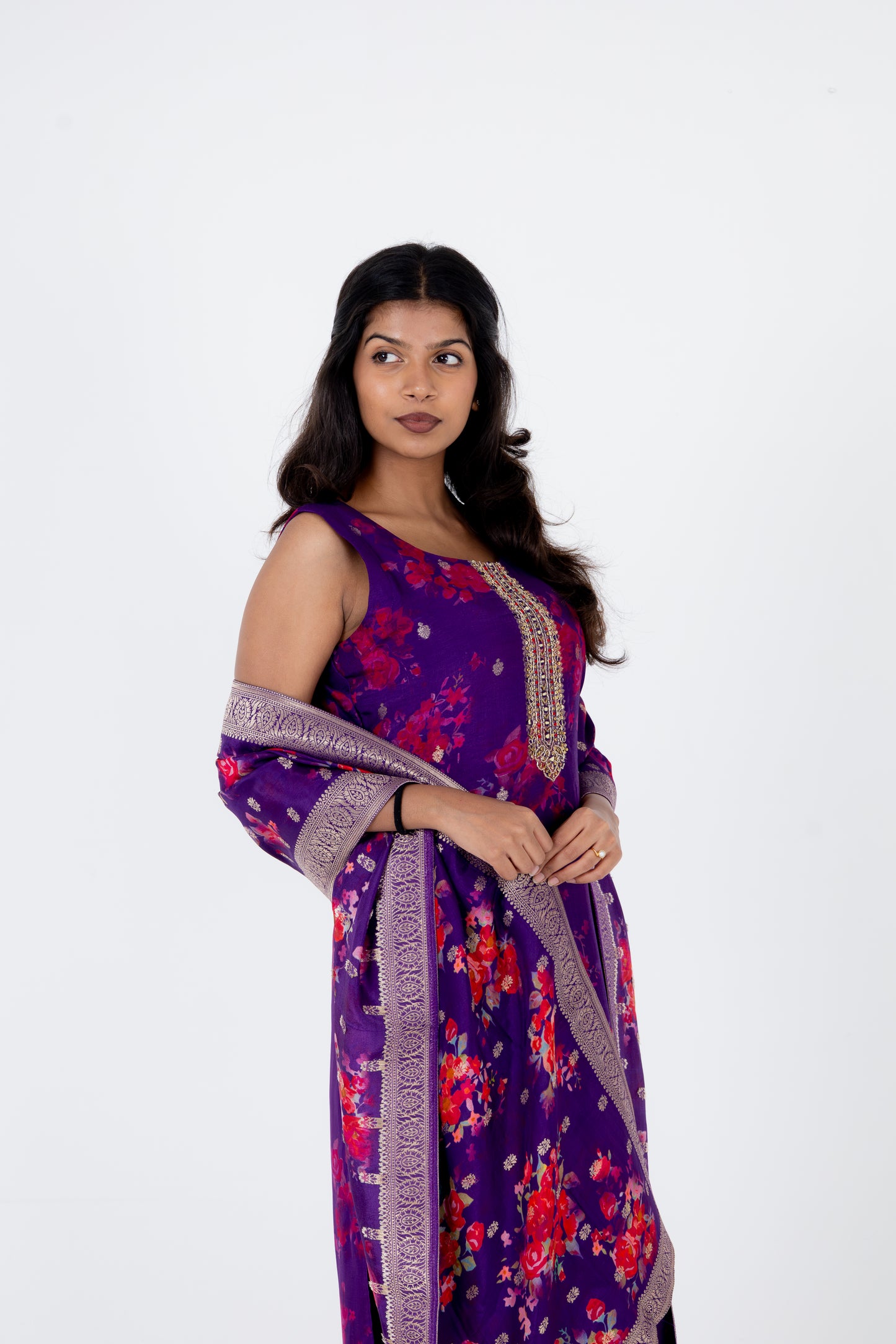 Royal Violet Floral Printed Suit Set with Embellished Neckline and Dupatta
