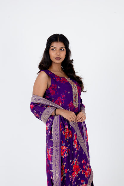 Royal Violet Floral Printed Suit Set with Embellished Neckline and Dupatta