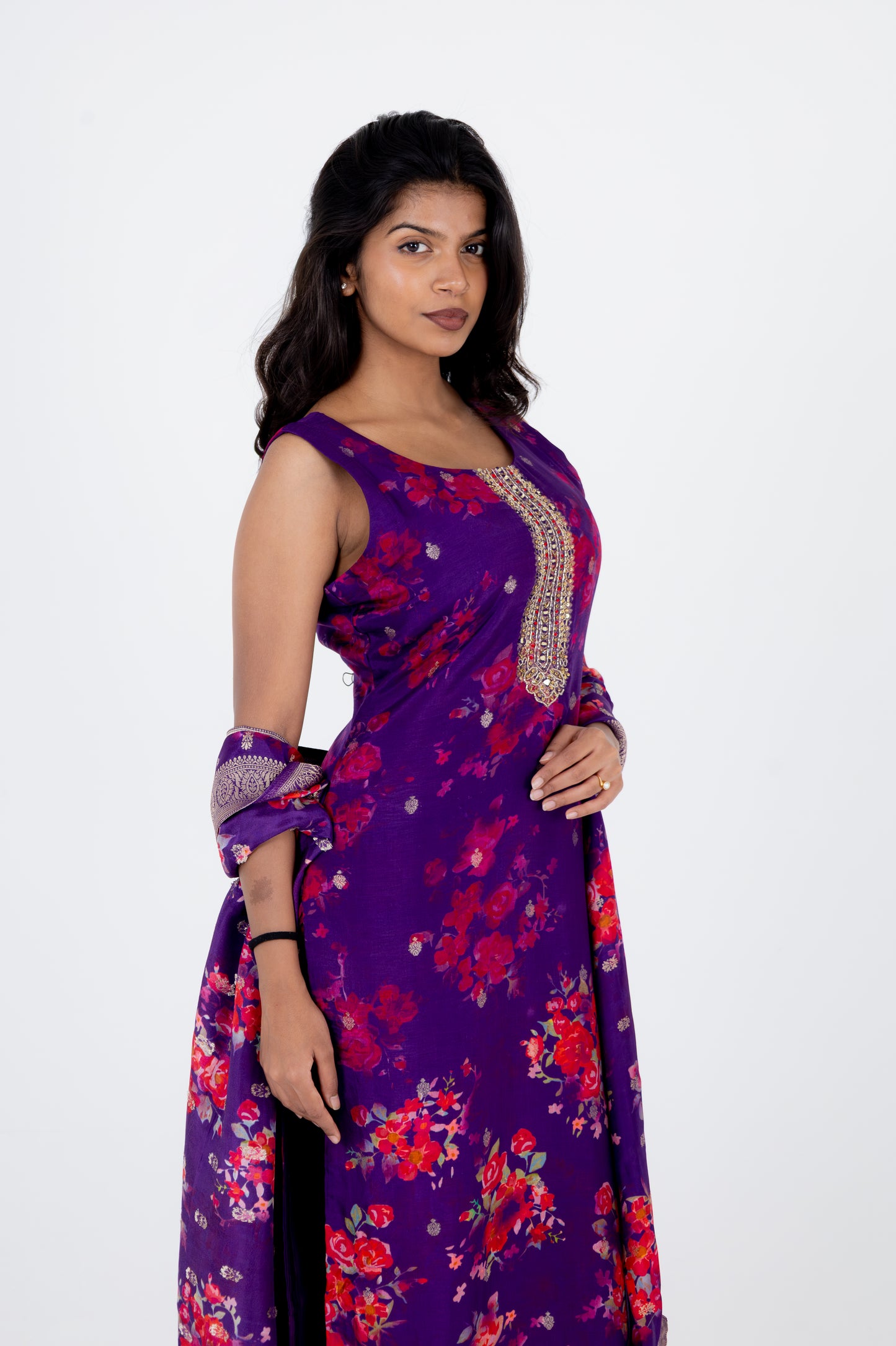 Royal Violet Floral Printed Suit Set with Embellished Neckline and Dupatta