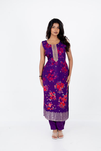 Royal Violet Floral Printed Suit Set with Embellished Neckline and Dupatta