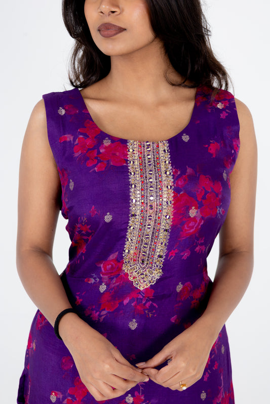 Royal Violet Floral Printed Suit Set with Embellished Neckline and Dupatta
