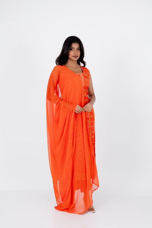 Radiant Tangerine Embroidered Kurta Set with Chiffon Dupatta