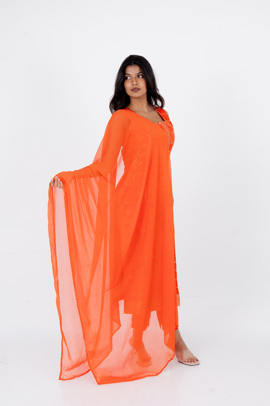 Radiant Tangerine Embroidered Kurta Set with Chiffon Dupatta