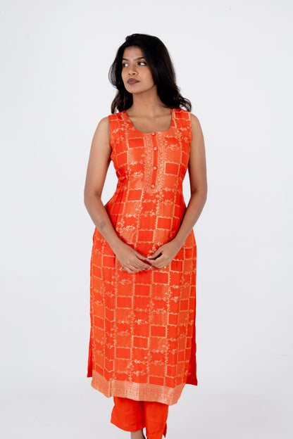 Radiant Tangerine Embroidered Kurta Set with Chiffon Dupatta