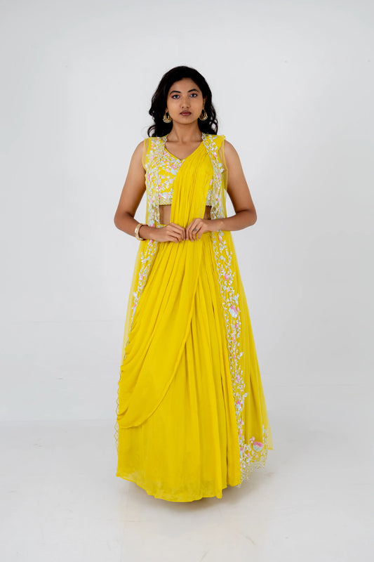 Sunshine Yellow Embroidered Drape Lehenga Set