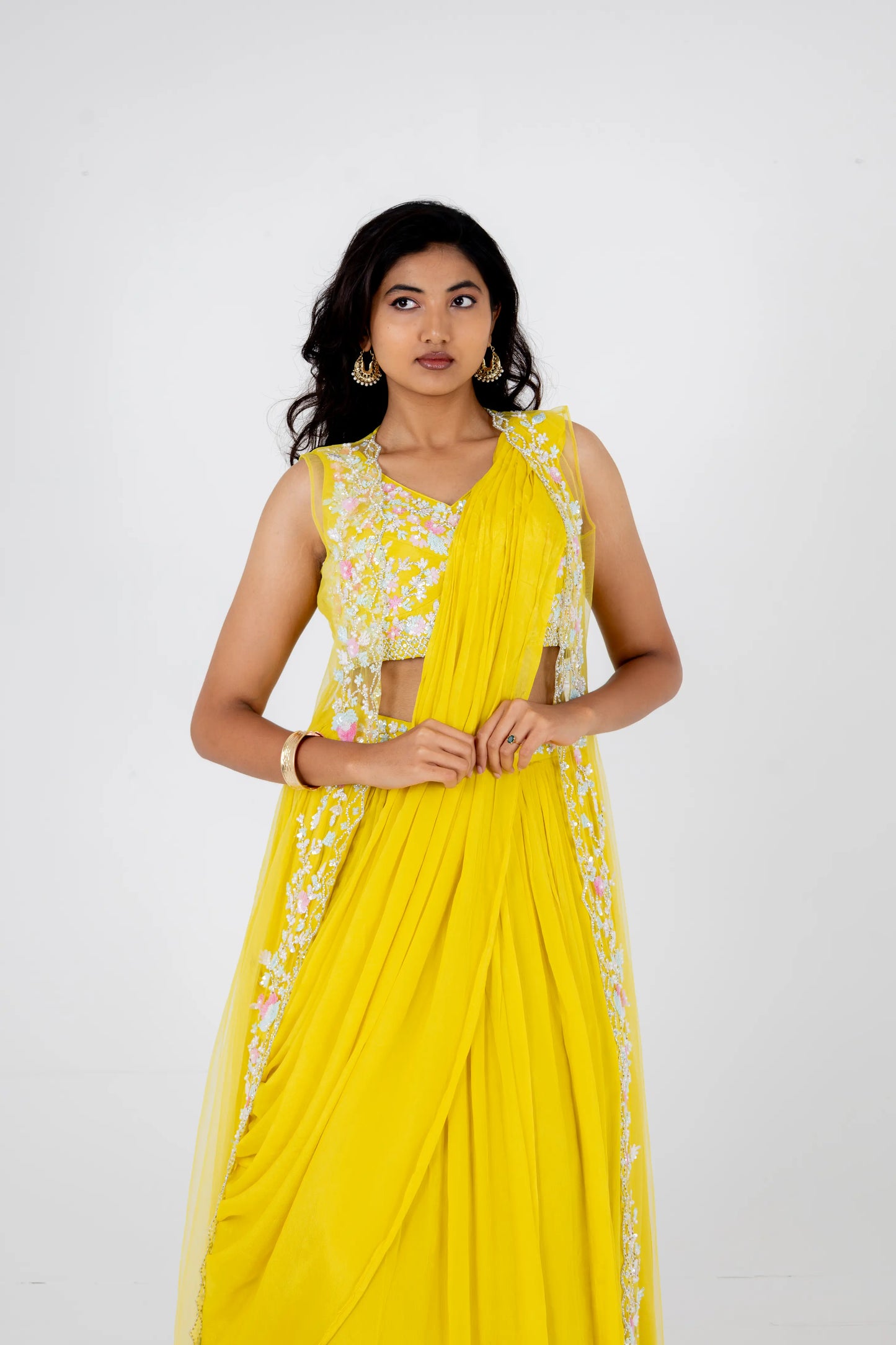 Sunshine Yellow Embroidered Drape Lehenga Set