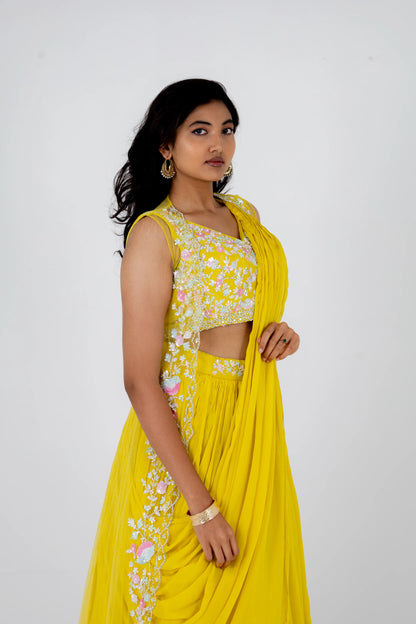Sunshine Yellow Embroidered Drape Lehenga Set