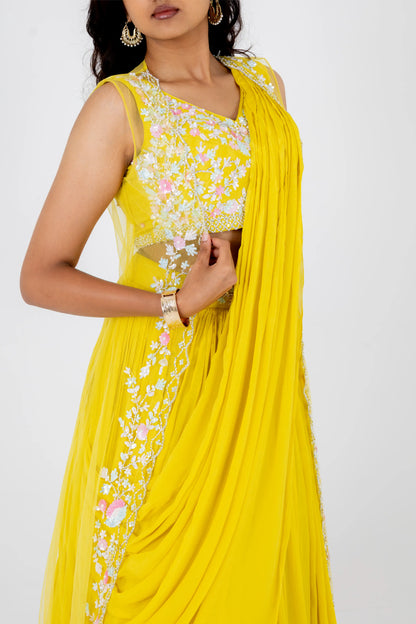 Sunshine Yellow Embroidered Drape Lehenga Set