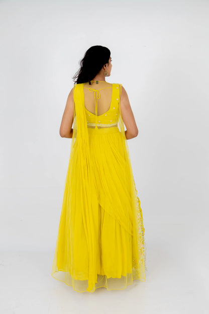 Sunshine Yellow Embroidered Drape Lehenga Set