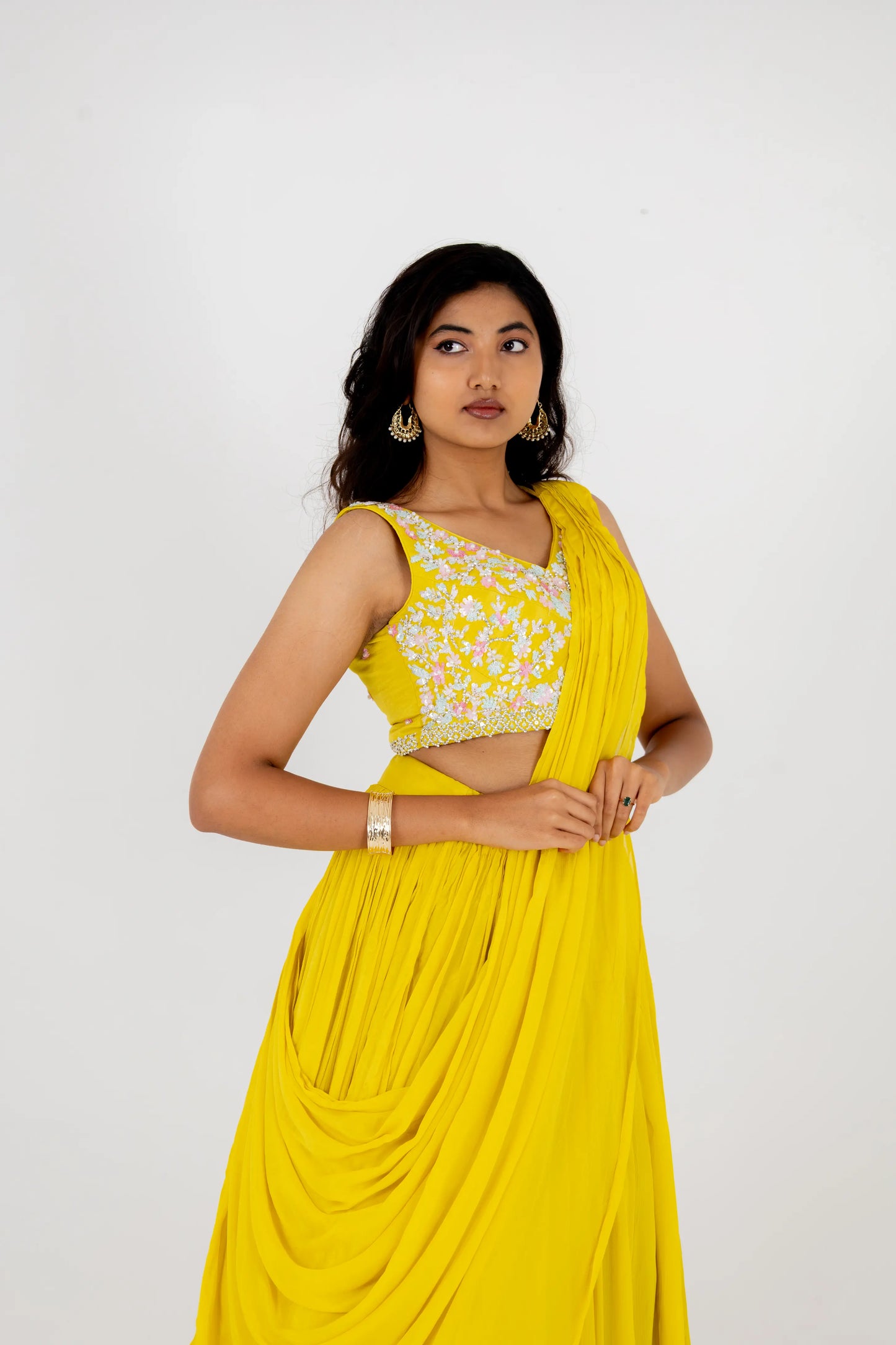 Sunshine Yellow Embroidered Drape Lehenga Set
