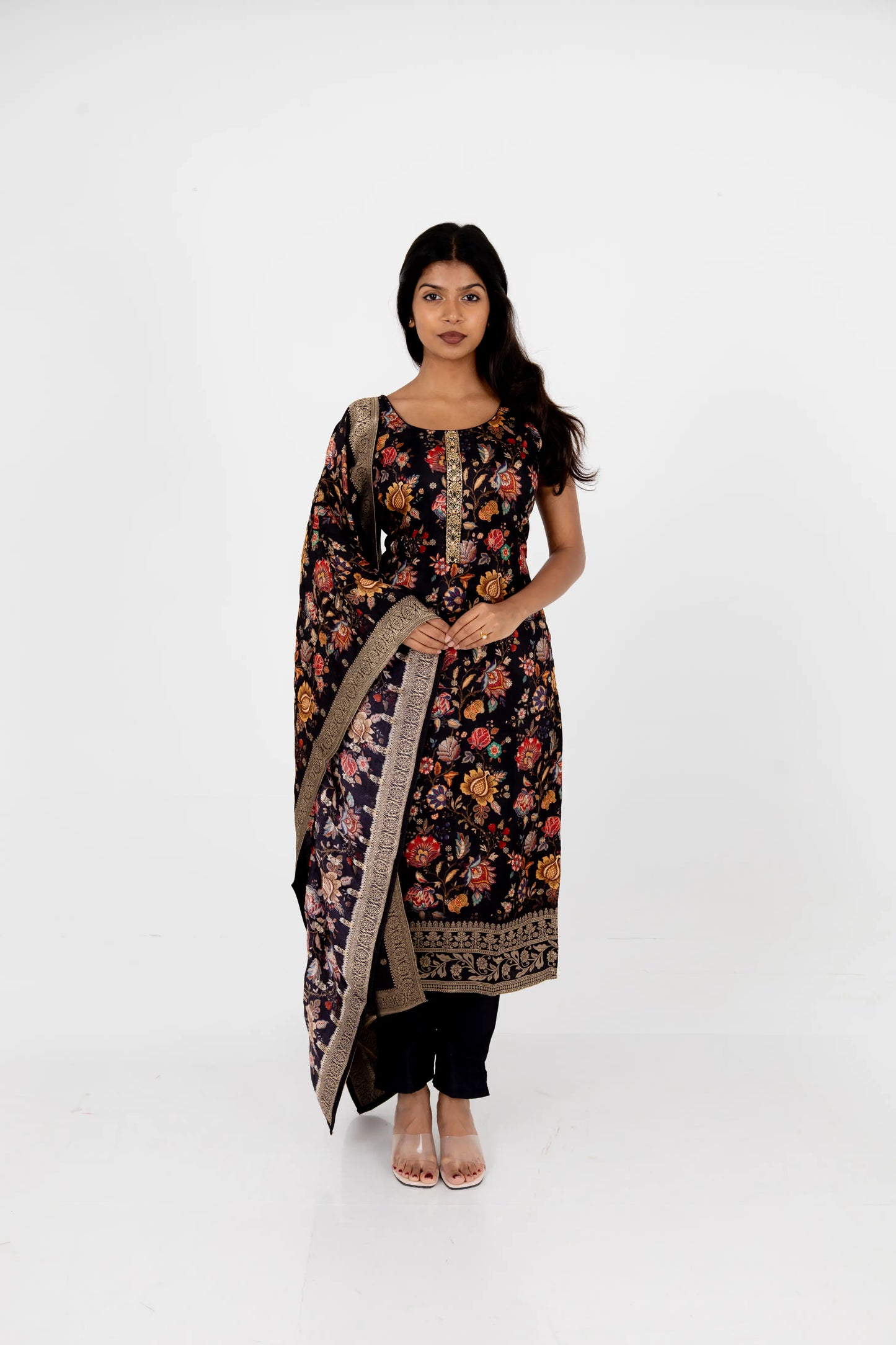Black Floral Printed Cotton Suit Set with Dupatta