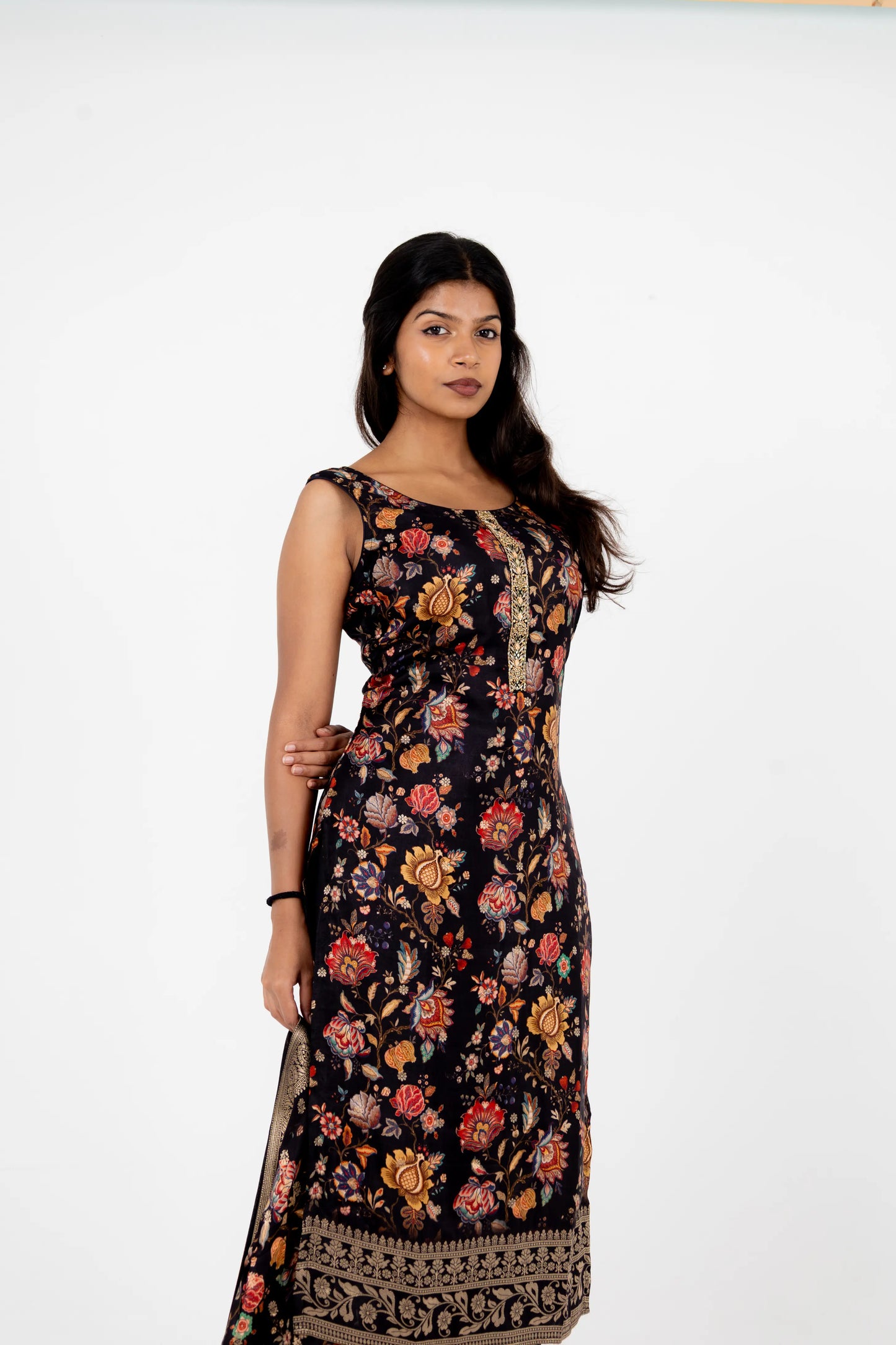 Black Floral Printed Cotton Suit Set with Dupatta