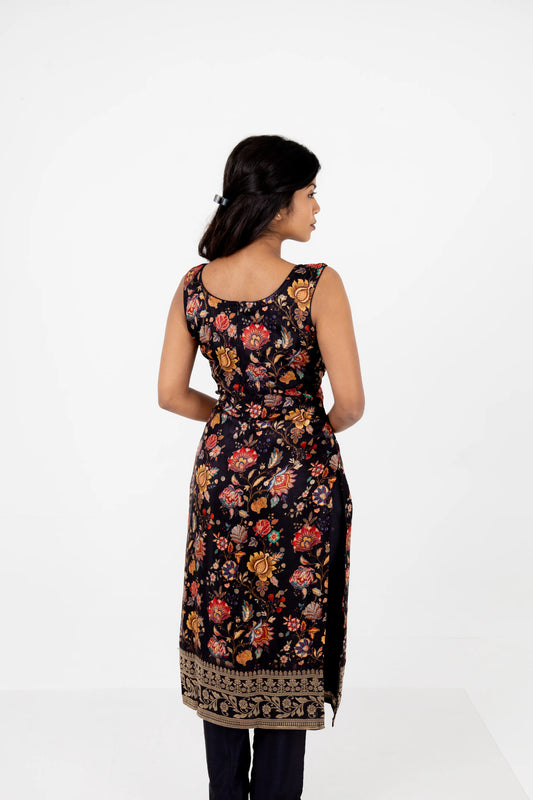 Black Floral Printed Cotton Suit Set with Dupatta