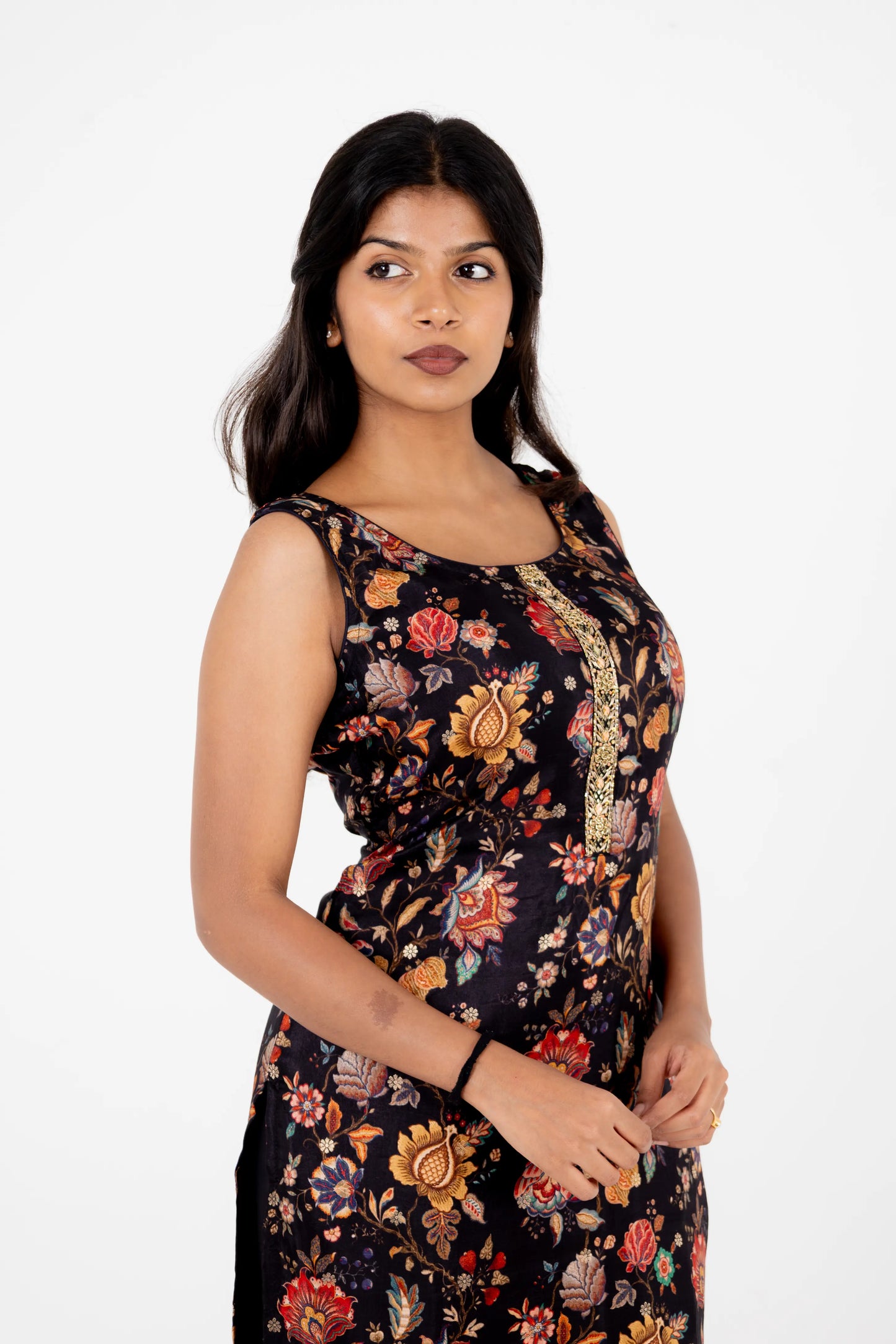 Black Floral Printed Cotton Suit Set with Dupatta