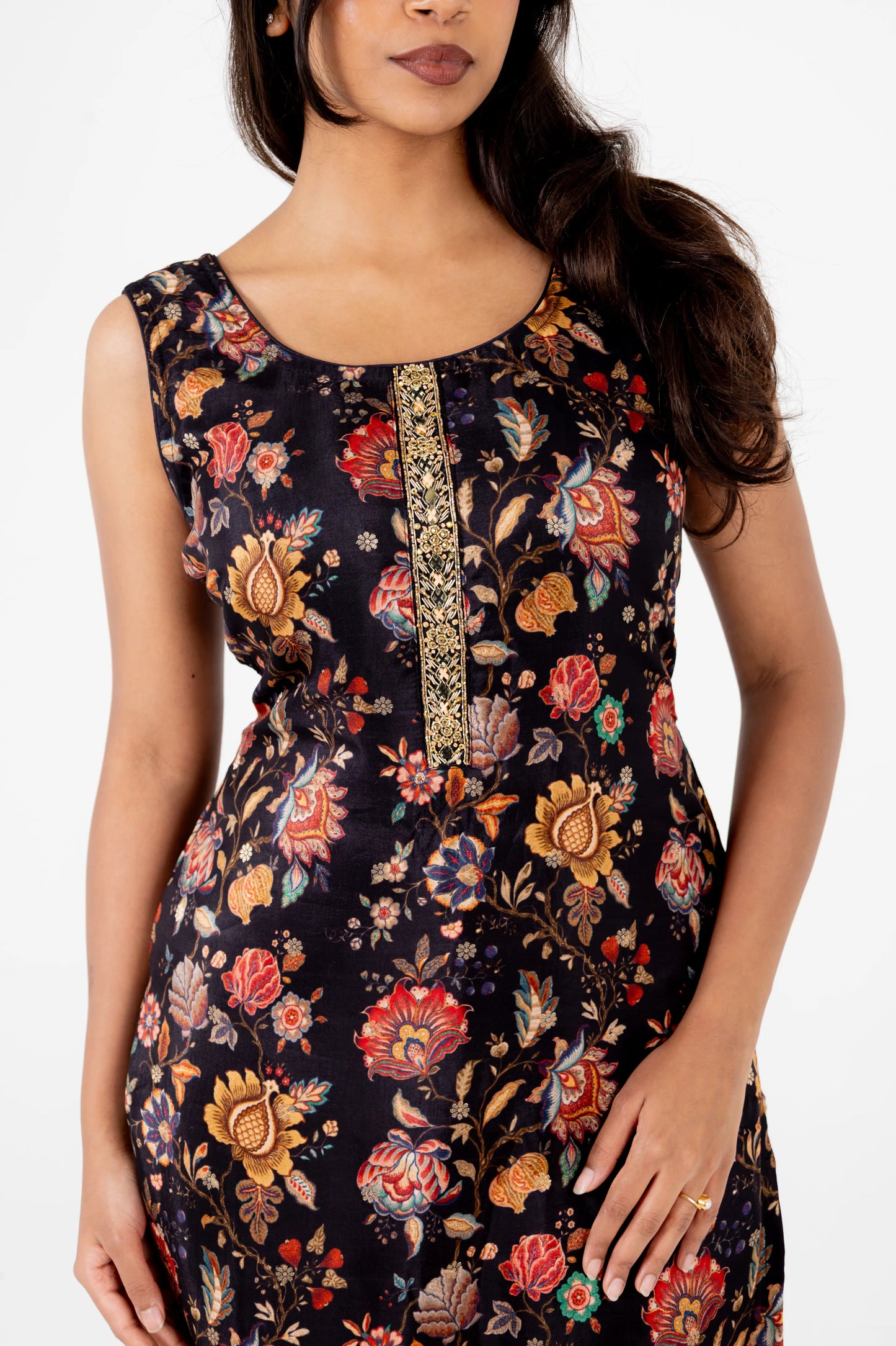 Black Floral Printed Cotton Suit Set with Dupatta