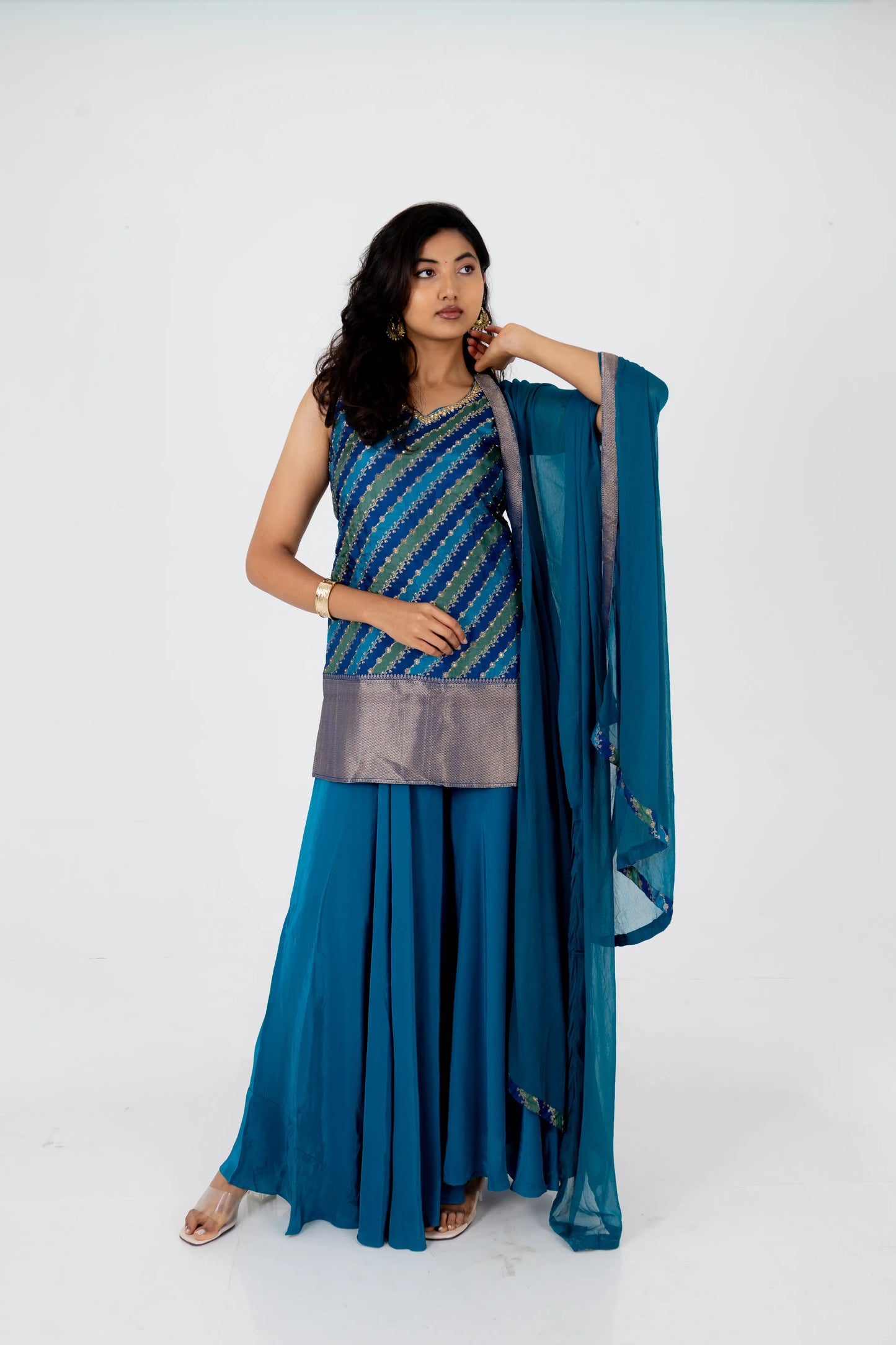 Teal Blue Georgette Sharara Set with Embroidered Striped Kurti and Dupatta