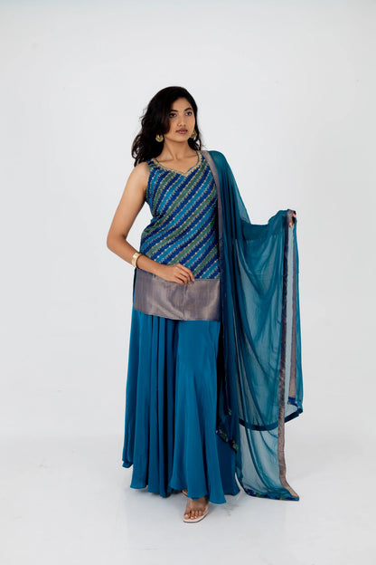 Teal Blue Georgette Sharara Set with Embroidered Striped Kurti and Dupatta