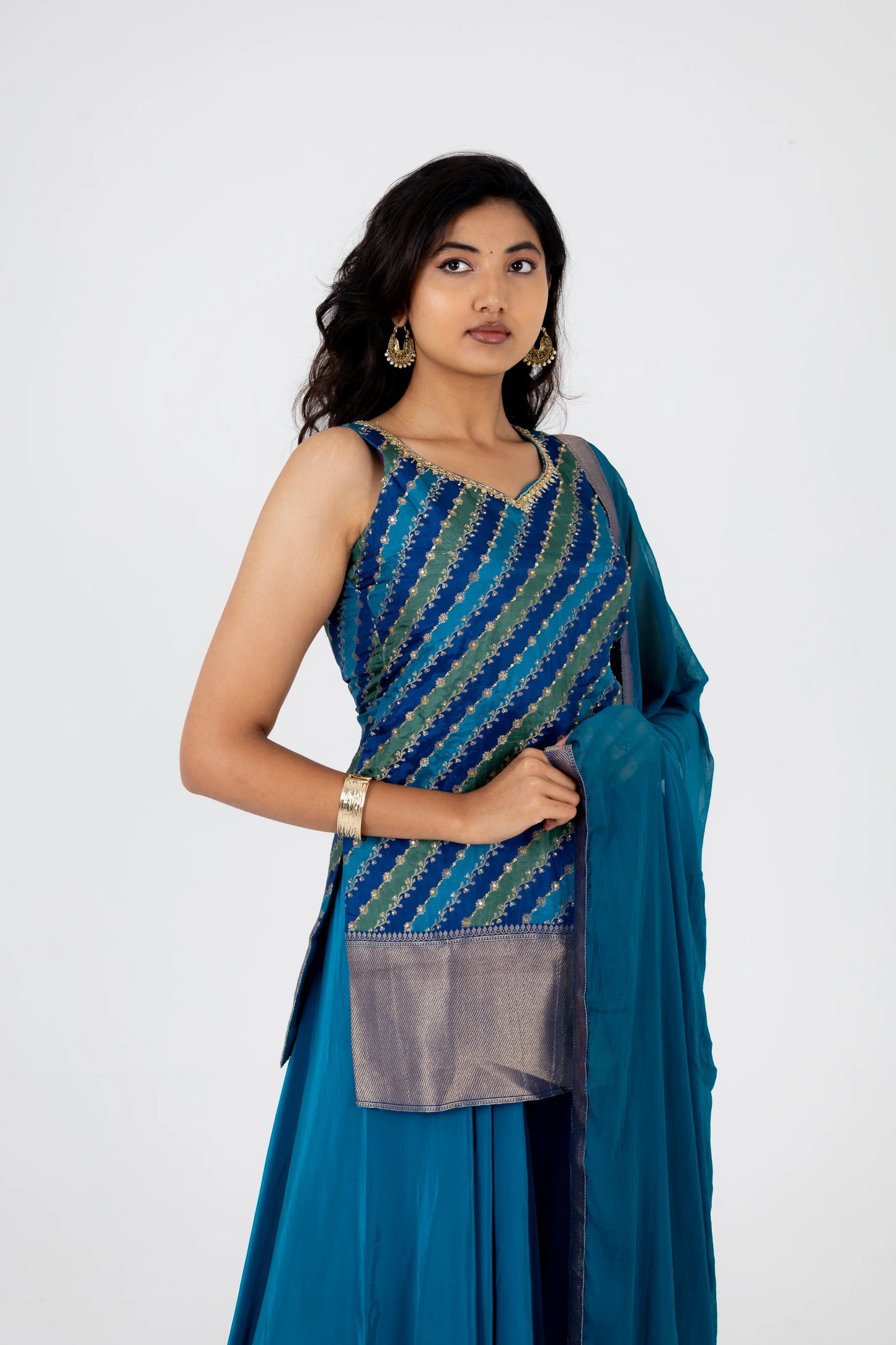 Teal Blue Georgette Sharara Set with Embroidered Striped Kurti and Dupatta