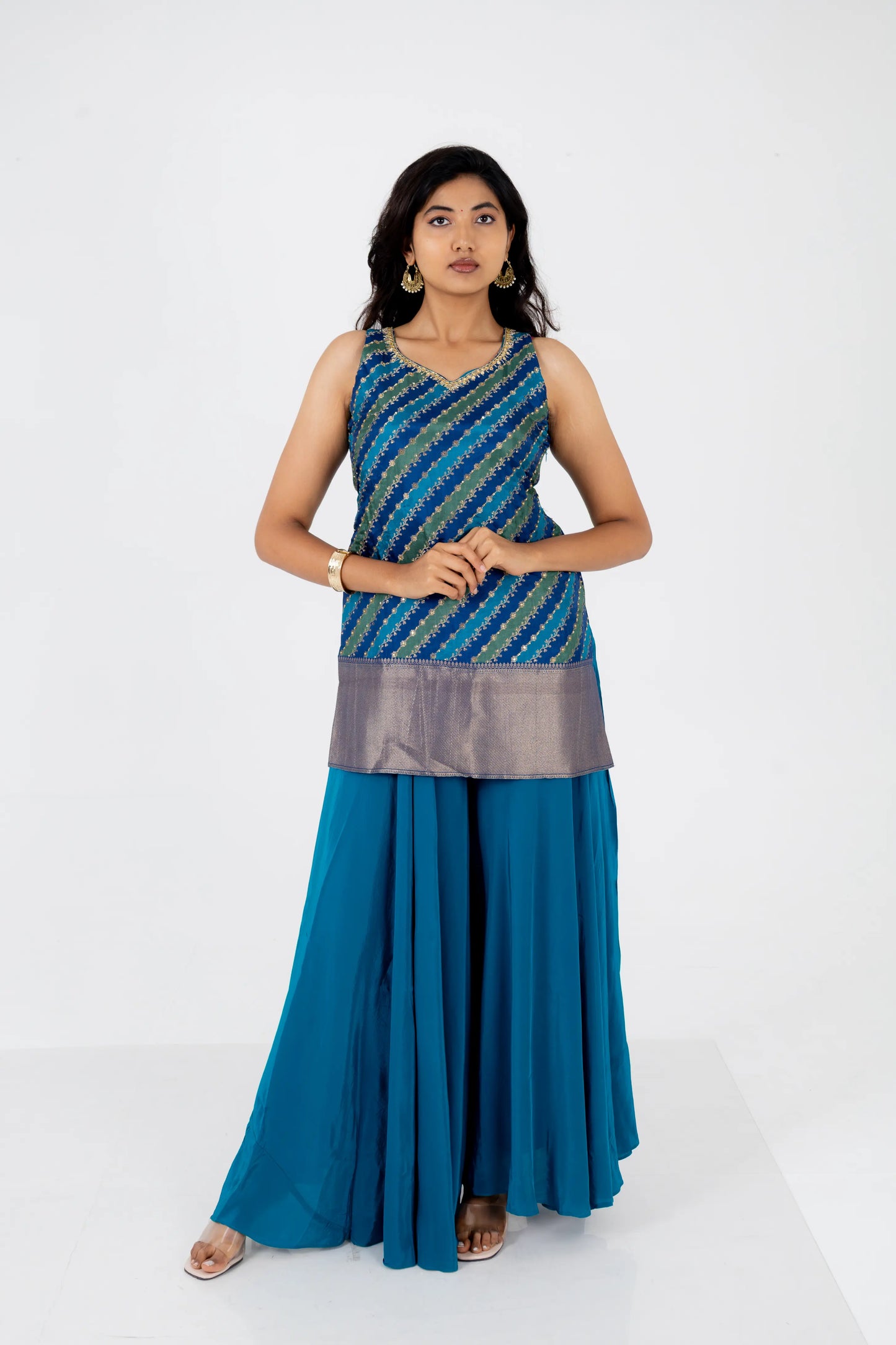 Teal Blue Georgette Sharara Set with Embroidered Striped Kurti and Dupatta