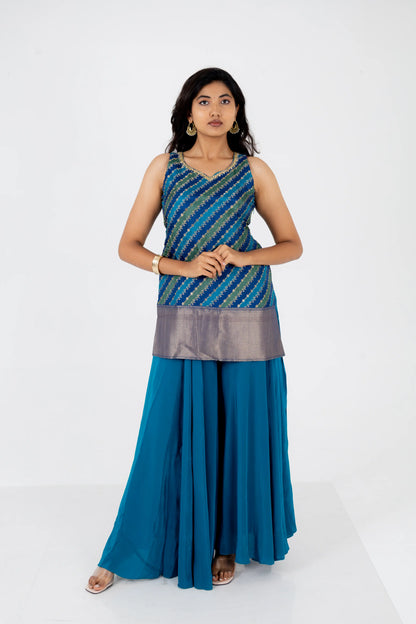 Teal Blue Georgette Sharara Set with Embroidered Striped Kurti and Dupatta