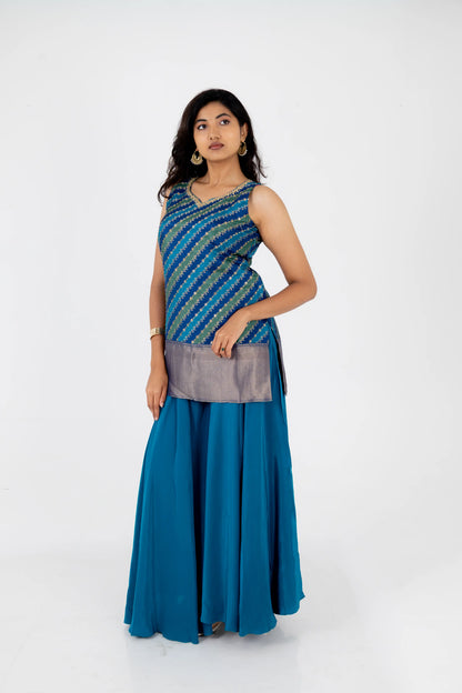 Teal Blue Georgette Sharara Set with Embroidered Striped Kurti and Dupatta