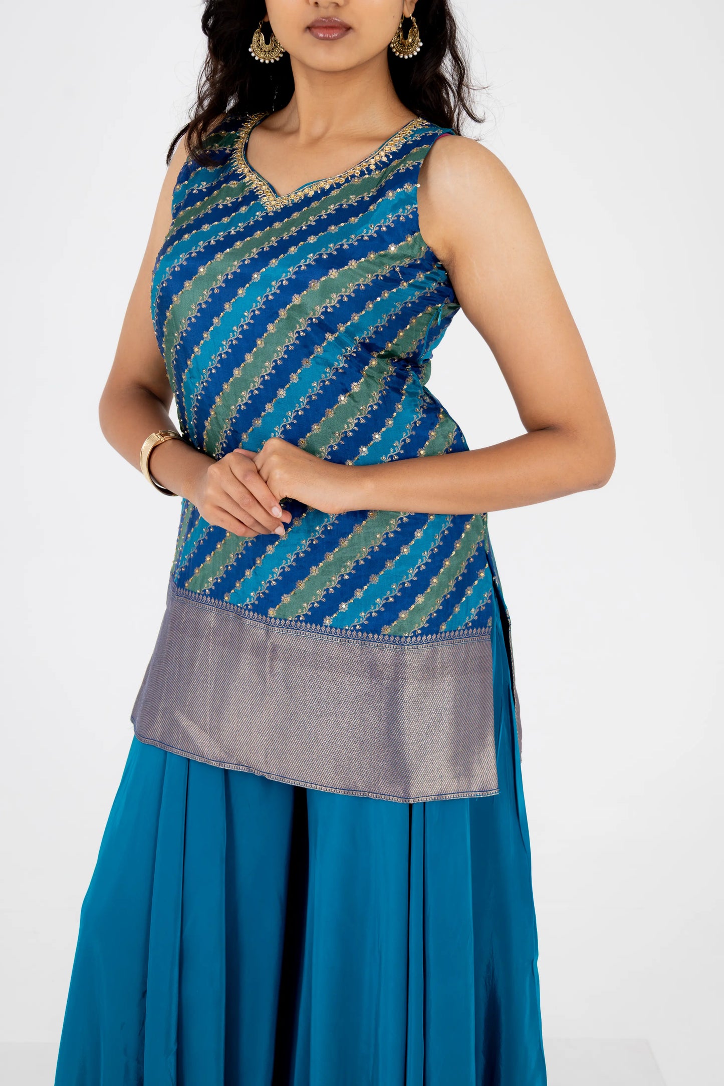 Teal Blue Georgette Sharara Set with Embroidered Striped Kurti and Dupatta