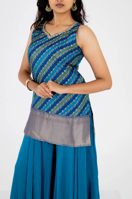 Teal Blue Georgette Sharara Set with Embroidered Striped Kurti and Dupatta