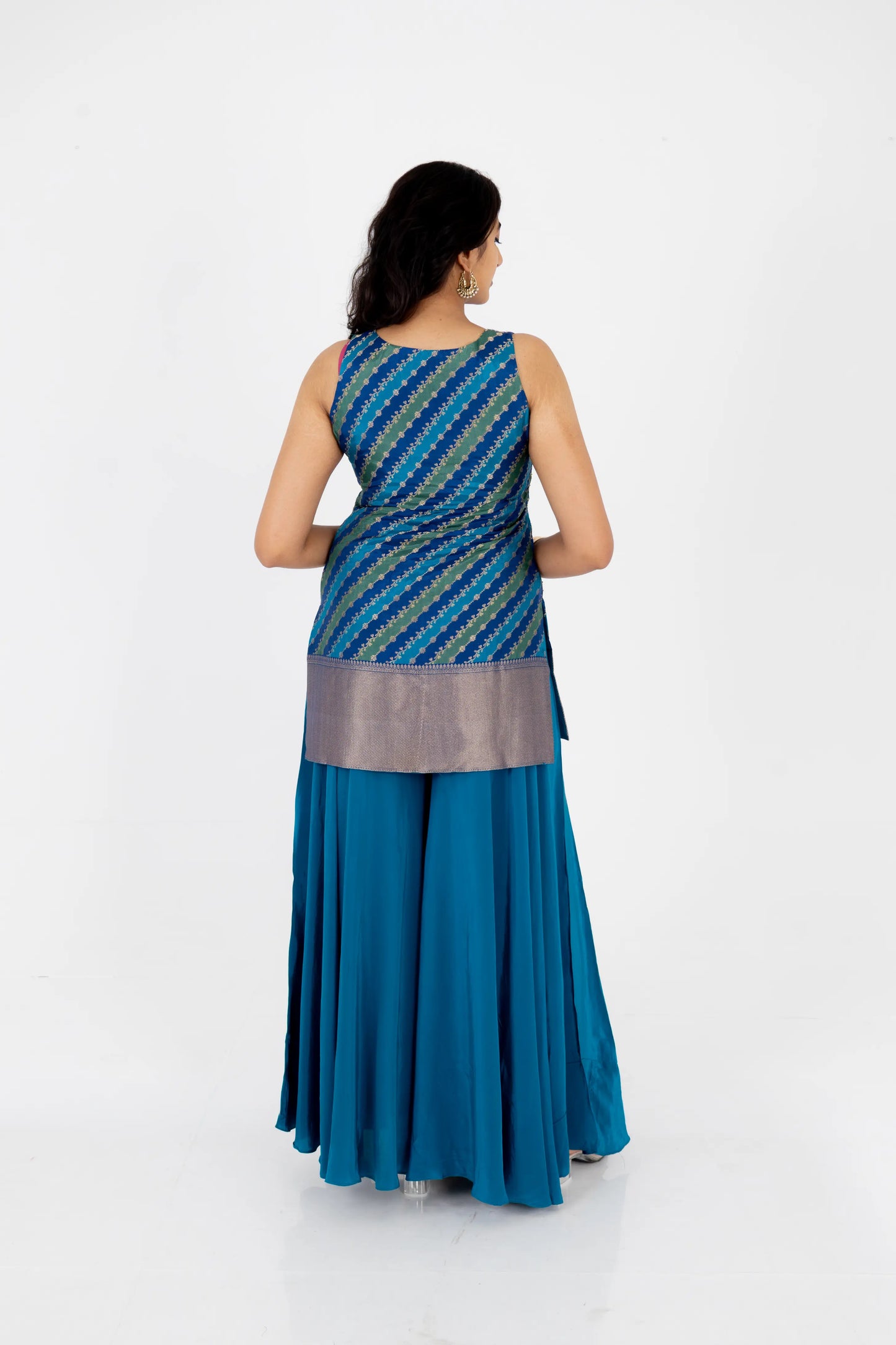 Teal Blue Georgette Sharara Set with Embroidered Striped Kurti and Dupatta