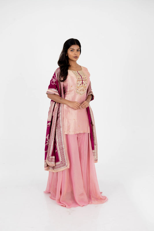 Blush Pink Embroidered Kurta Set with Wine Dupatta