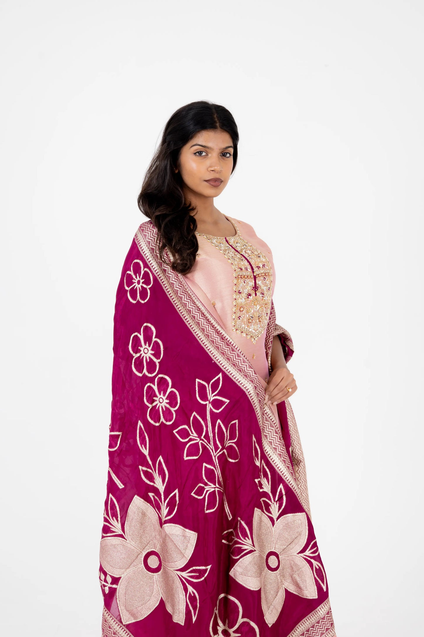 Blush Pink Hand-Worked Kurta Set with Wine Dupatta