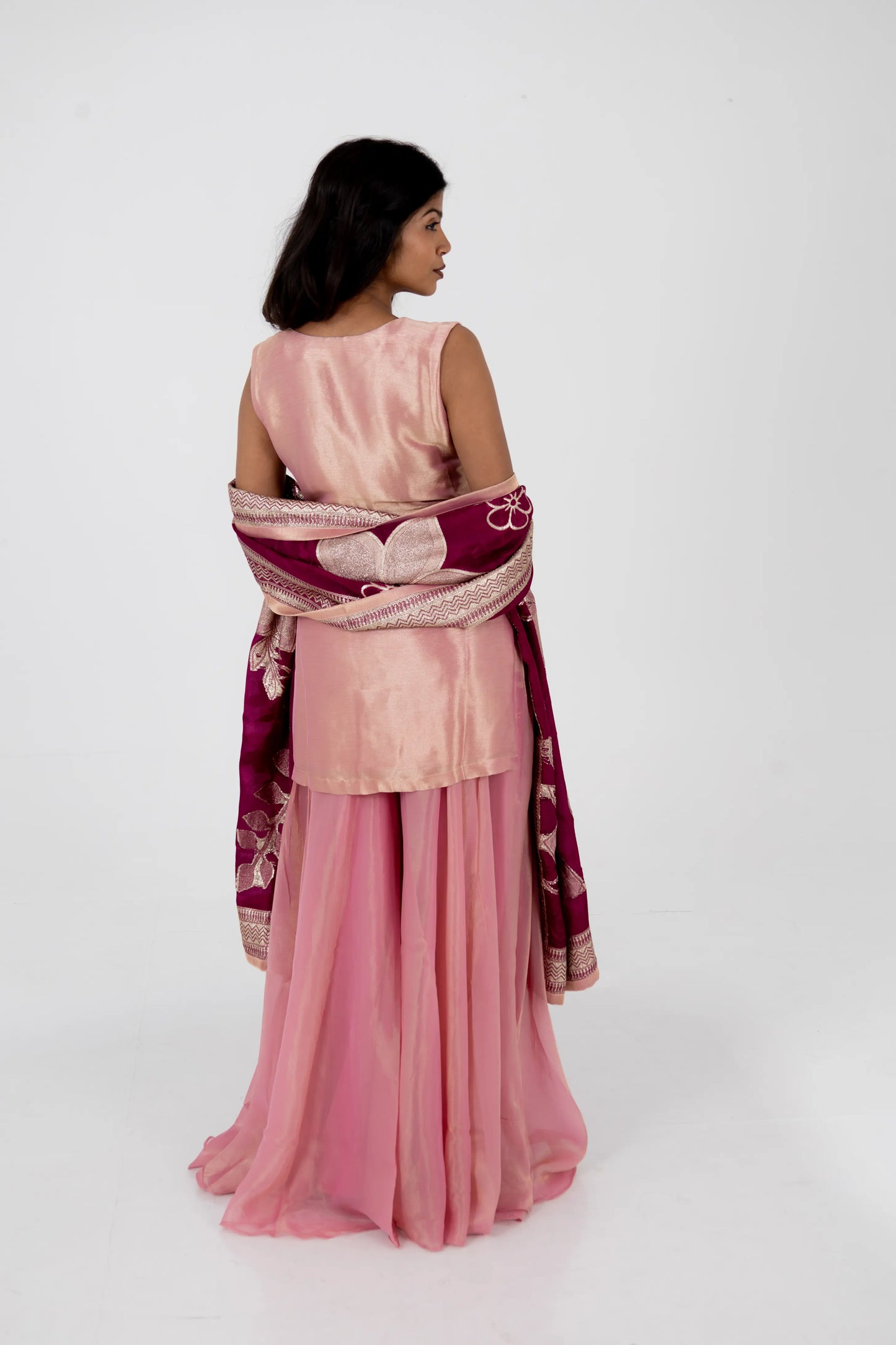Blush Pink Embroidered Kurta Set with Wine Dupatta