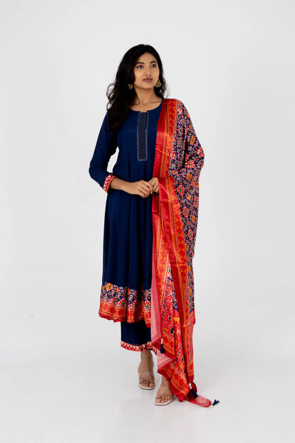 Navy Blue Printed Kurta Set with Vibrant Bandhani Dupatta