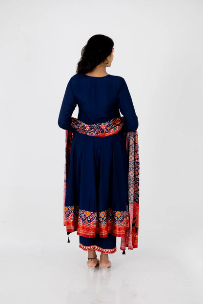 Navy Blue Printed Kurta Set with Vibrant Bandhani Dupatta