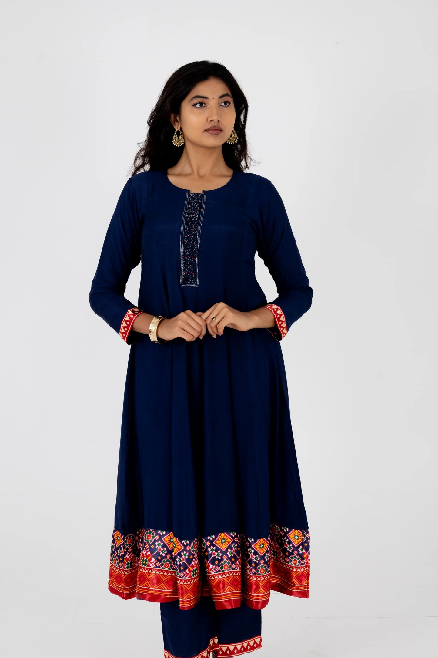 Navy Blue Printed Kurta Set with Vibrant Bandhani Dupatta