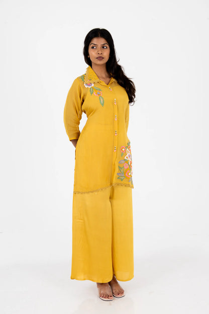 Mustard Yellow Embroidered Co-ord Set with Floral Detailing