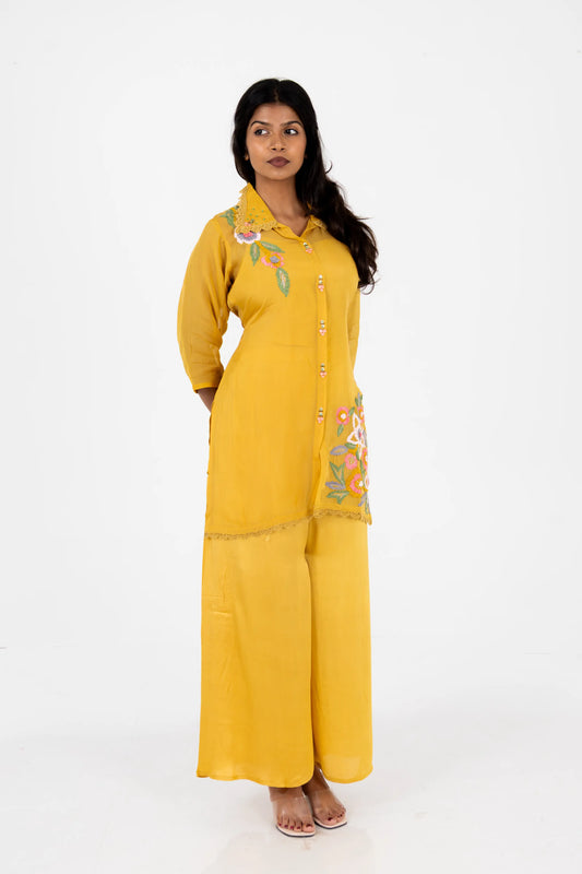Mustard Yellow Embroidered Co-ord Set with Floral Detailing