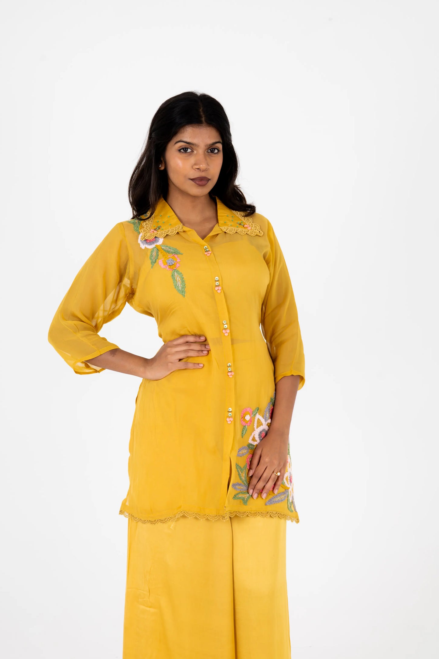 Mustard Yellow Embroidered Co-ord Set with Floral Detailing