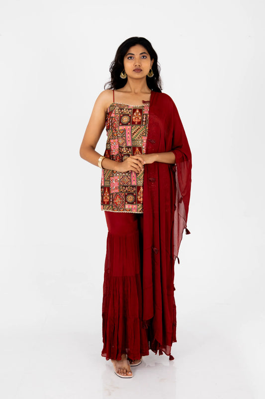 Maroon Printed Sharara Set with Dupatta