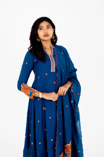 Royal Blue Handcrafted Mirror Work Anarkali Set