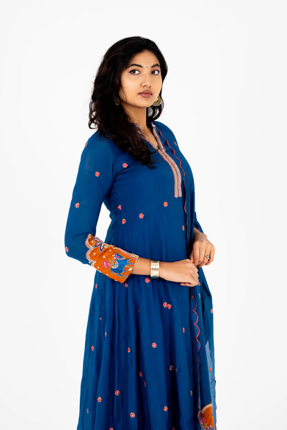 Royal Blue Handcrafted Mirror Work Anarkali Set