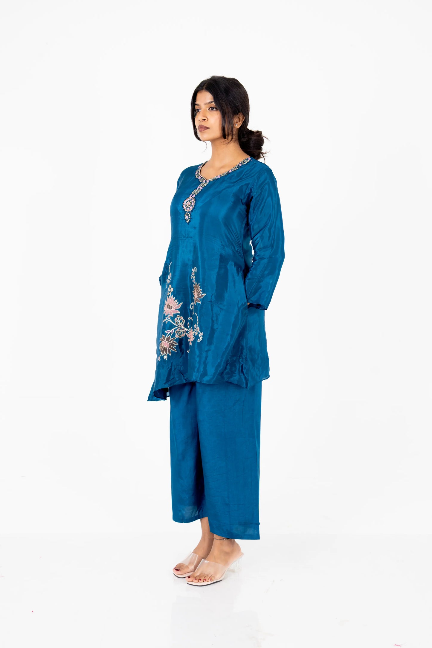 Teal Blue Floral Embroidered Kurta Set