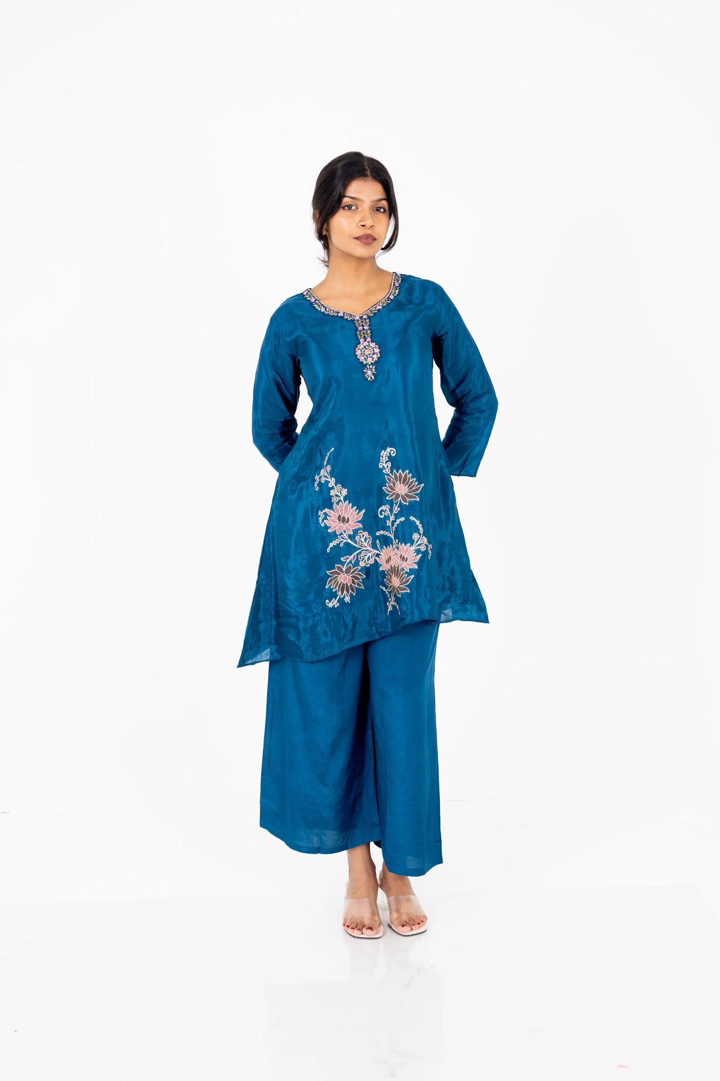 Teal Blue Floral Embroidered Kurta Set