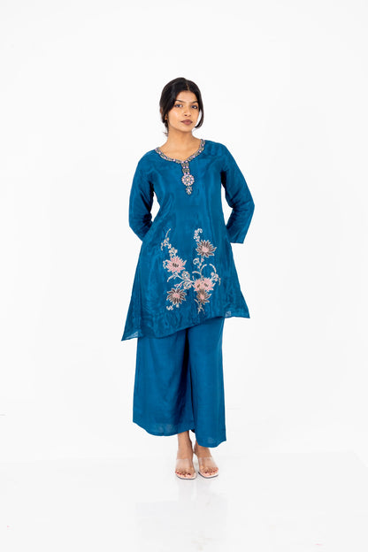 Teal Blue Floral Embroidered Kurta Set