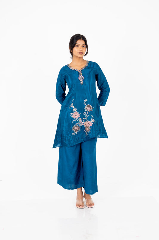 Teal Blue Floral Embroidered Kurta Set