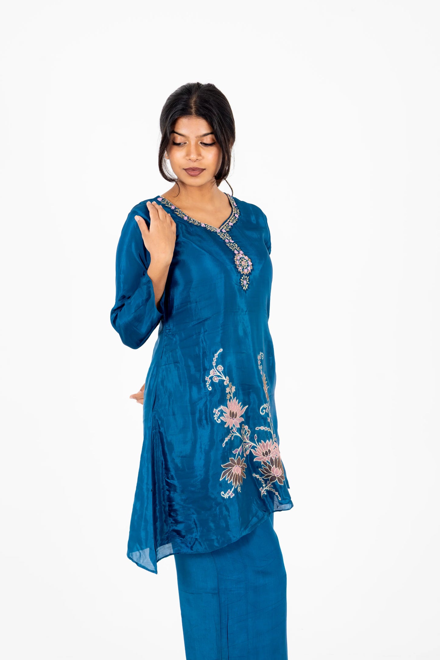 Teal Blue Floral Embroidered Kurta Set