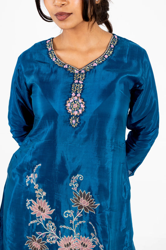 Teal Blue Floral Embroidered Kurta Set