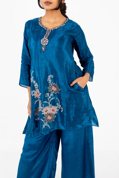 Teal Blue Floral Embroidered Kurta Set