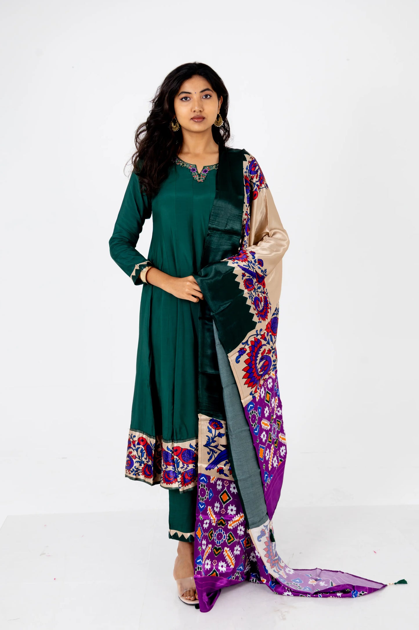 Emerald Green Embroidered Silk Suit Set with Banarasi Dupatta