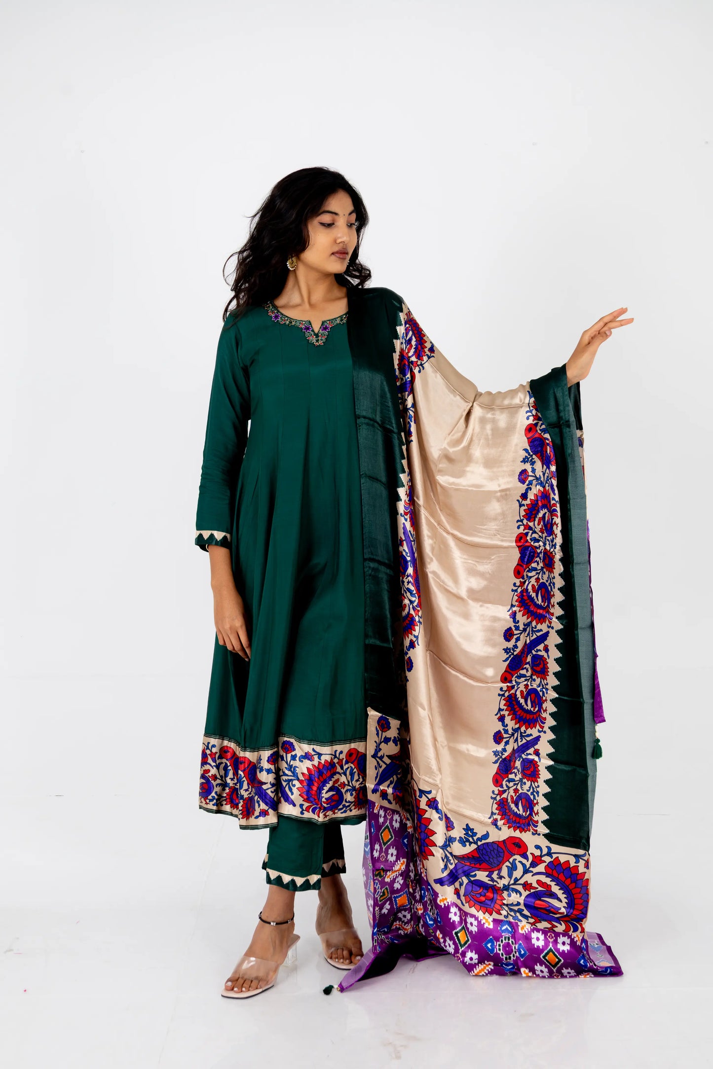 Emerald Green Embroidered Silk Suit Set with Banarasi Dupatta