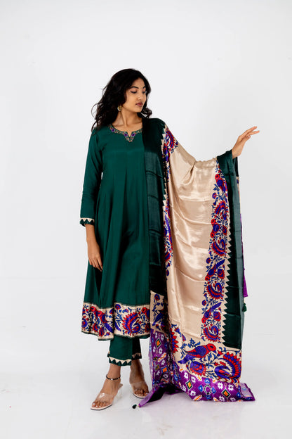 Emerald Green Embroidered Silk Suit Set with Banarasi Dupatta